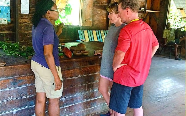 Tour guide explaining&nbsp;the different spices at Dougaldston Estate.