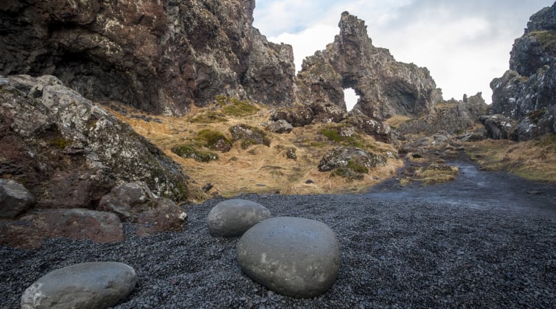 Lifting stones and stunning lava formation at Djúpalónssandur Snæfellsnes Peninsula
