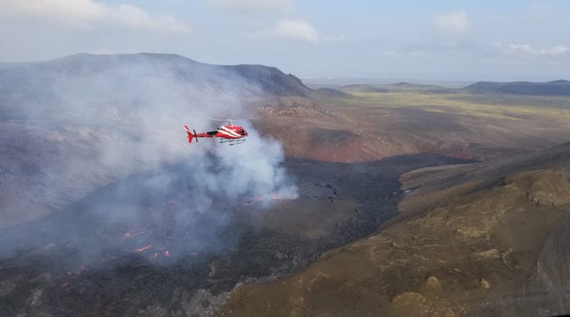Helicopter flying over 2023 Volcanic eruption