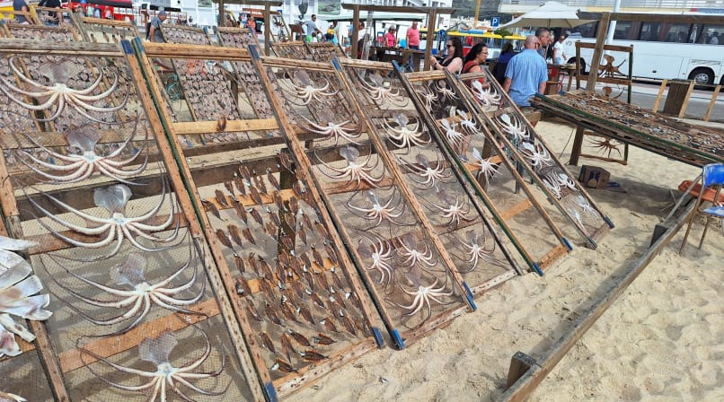 Octopus drying on wooden racks in Nazaré beach with people and market scene
