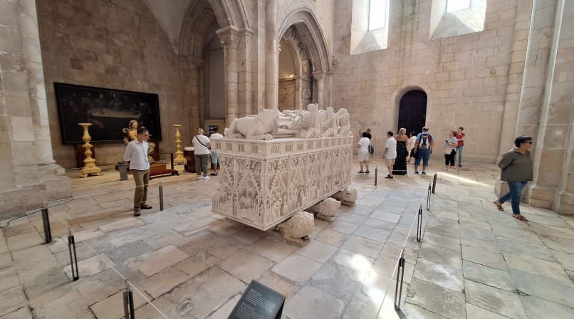 Gothic tomb of Pedro and Inês inside Alcobaça Monastery with detailed carvings