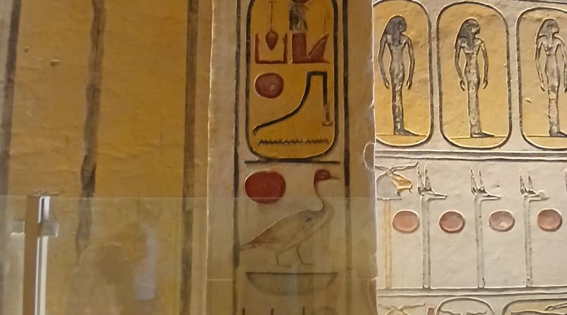 Detailed Ancient Egyptian carved wall reliefs showing deities and hieroglyphics in yellow and brown tones