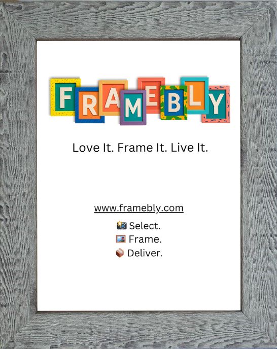 Barnwood Gray colour photo frame. Prominent raised rugged grain lines with a matte unplished reclaimed wood feel. Flat front and side surface. Medium frame, ideal for candid pics on walls in lounge, bedroom, kid art/certs or gifting, best used for 5 to 8 inch size photo prints.