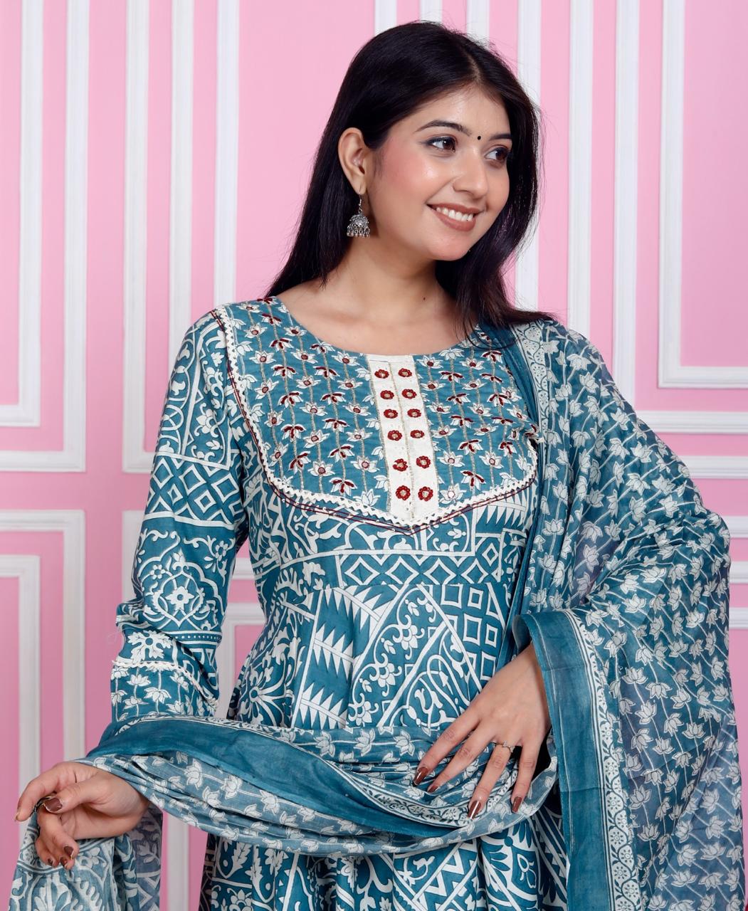 Cotton Bottle Green Anarkali Suit