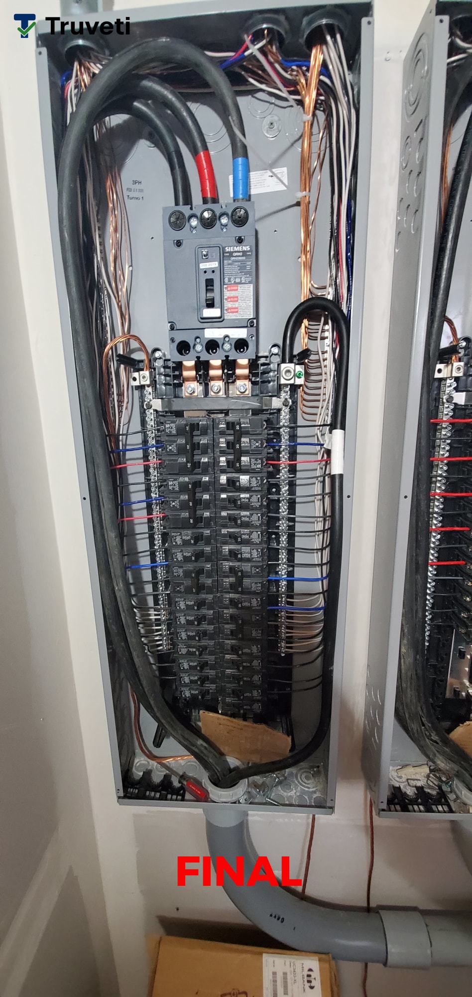 Three house panels, fully dressed and ready to go. Part of a large electrical project completed by VP Electrical Services. Feeders, breakers 1