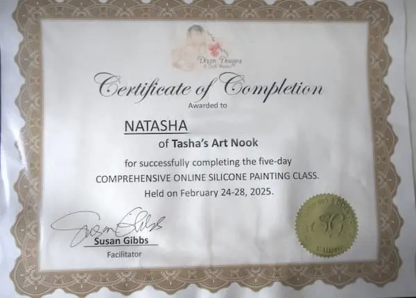 Silicone painting training certificate awarded to Natasha