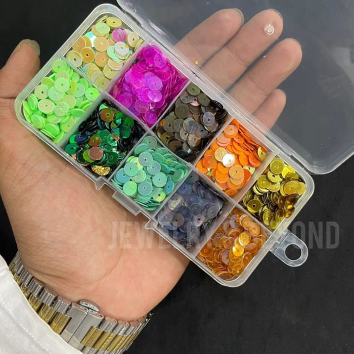 Premium 6mm Round Plain Sequin Set with Organizer Box – 10 Vibrant Colors (100g)