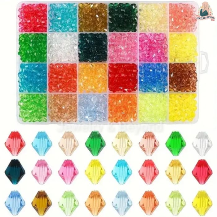4mm Faceted Bicone Crystal Beads Set - 24 Vibrant Colors (1900+ Pcs) DIY Craft Kit with Organizer Box