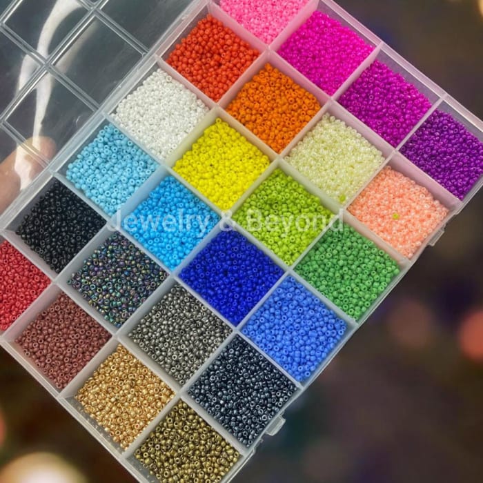 24 Color Premium Glass Seed Beads Kit (2mm Size) with 24-Grid Storage Box