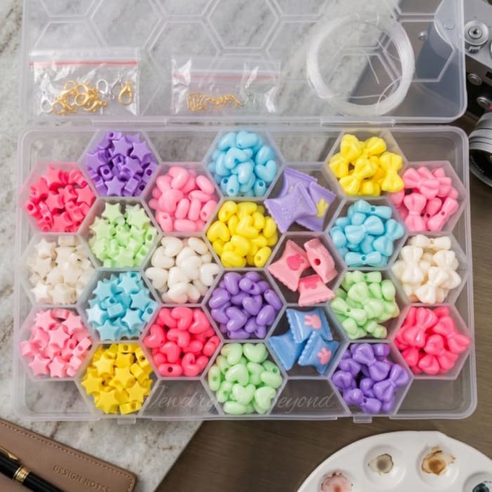 Charming Craft Box - 24 Grid Multi-Shape Premium DIY Beads Kit with Free 5 Yards Elastic Thread & 10 Pairs Clasp Set