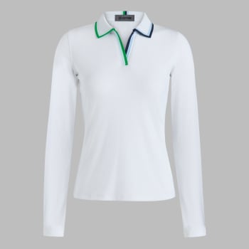 CONTRAST JOHNNY COLLAR TECH NYLON RIB LONG SLEEVE POLO in Snow / Clover
