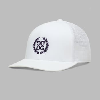 MEN'S LTD RELEASE G WREATH TRUCKER HAT in SNOW / DARK PLUM