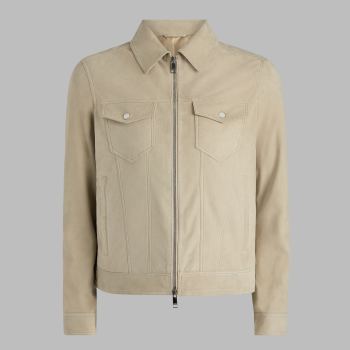 SUEDE TRUCKER JACKET in PUMICE
