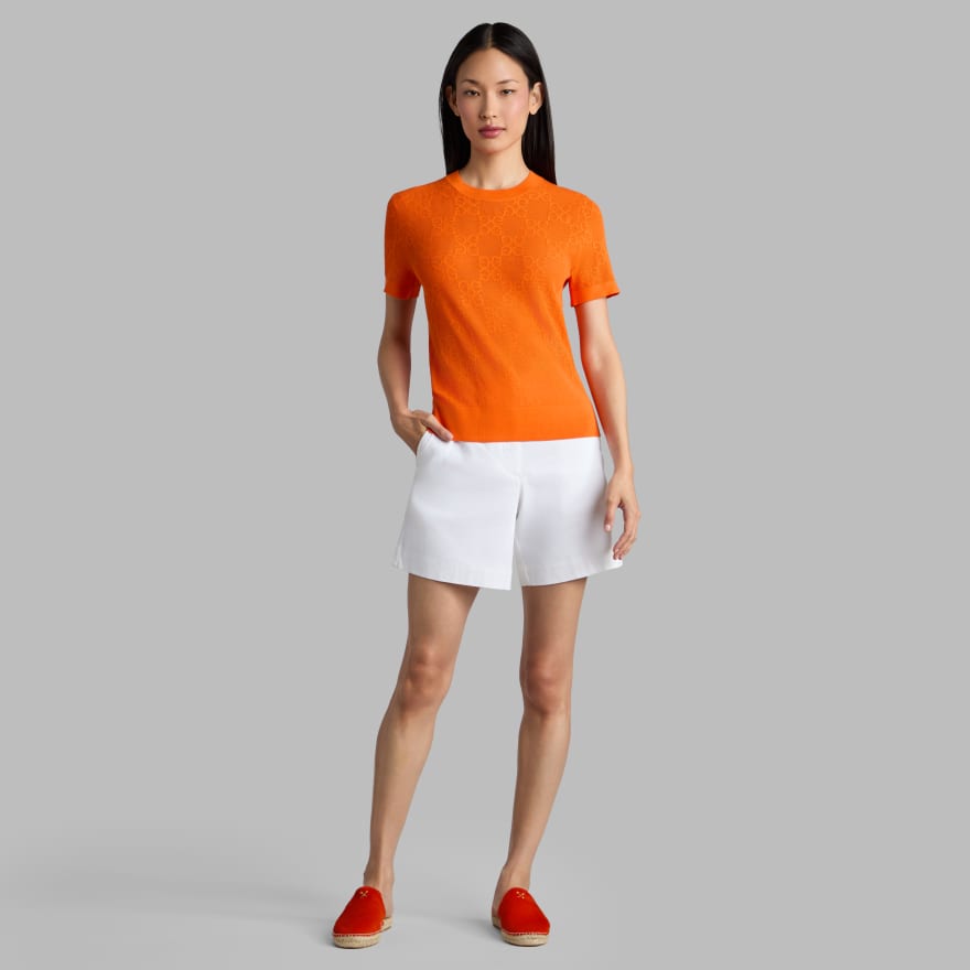 POINTELLE G SHORT SLEEVE SWEATER in SHOCKING ORANGE image number 3