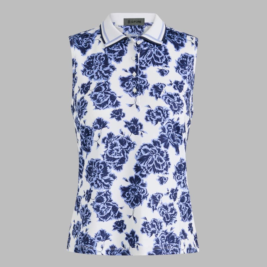 STAMPED FLORAL TECH JERSEY SLEEVELESS POLO in Willow image number 1