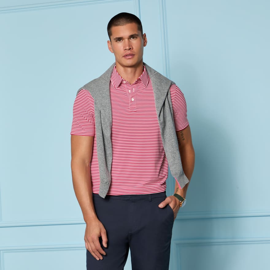 ALL PLAY STRIPE STRETCH KNIT POLO in RUBY image number 2