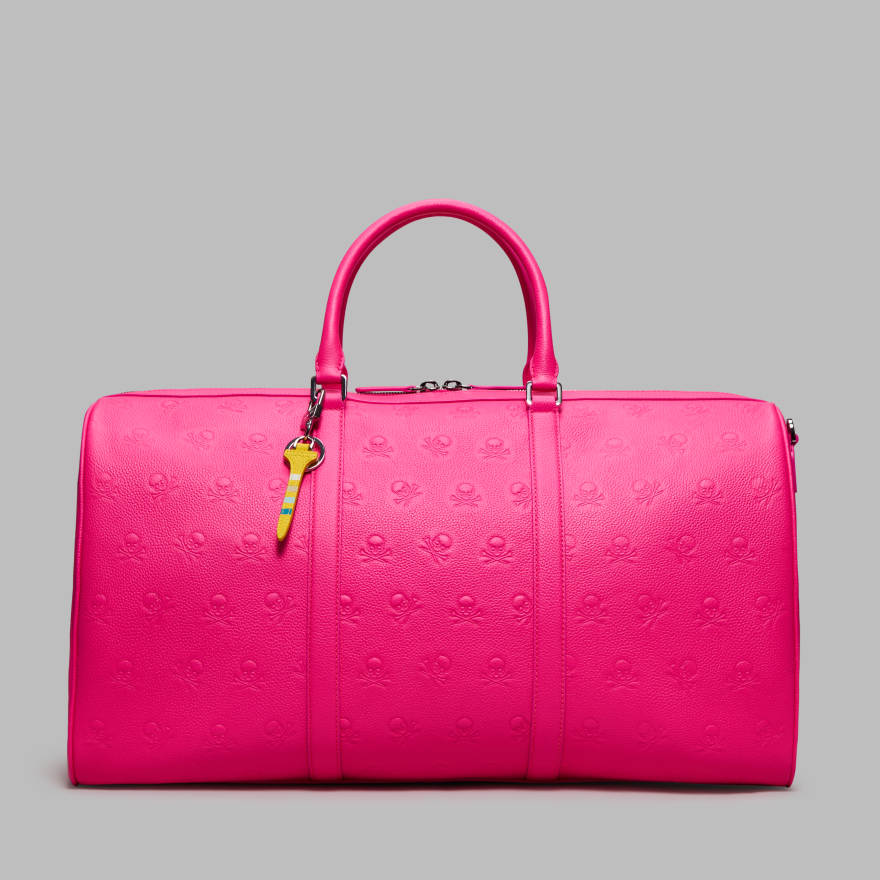 EMBOSSED SKULL & TEES LEATHER WEEKENDER in KNOCKOUT PINK image number 4