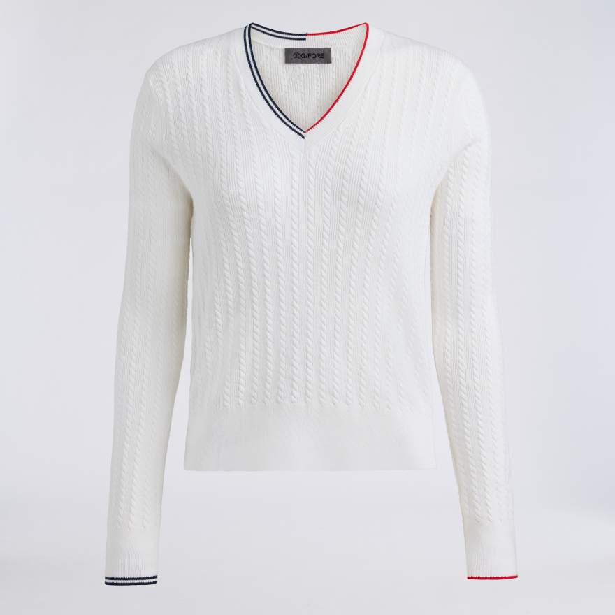 CABLE KNIT COTTON CASHMERE V NECK SWEATER in Snow image number 1