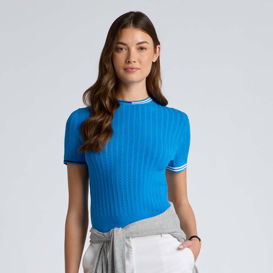CABLE KNIT SHORT SLEEVE CREWNECK SWEATER in Cerulean image number 3
