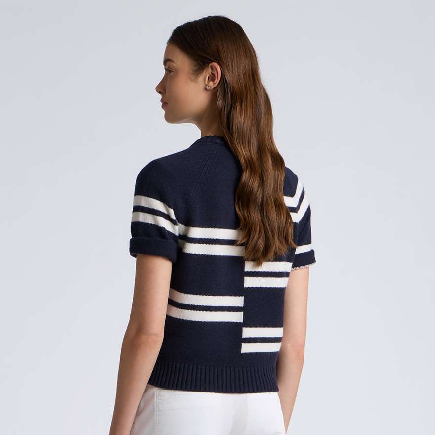 LTD RELEASE OFFSET STRIPE CASHMERE SHORT SLEEVE CREWNECK SWEATER in Twilight image number 3