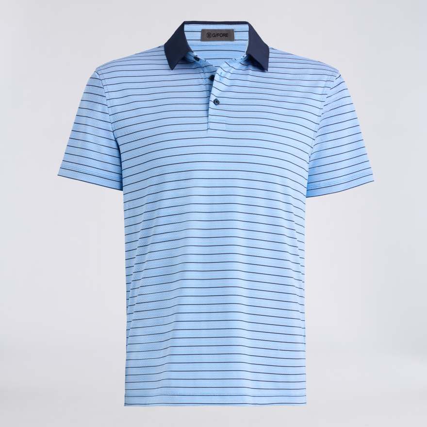 HERRINGBONE STRIPE TECH JERSEY POLO in CERULEAN / TWILIGHT image number 1