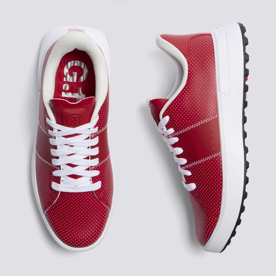 WOMEN'S LTD RELEASE G.112 PERFORATED LEATHER SADDLE STRIPE GOLF SHOE in CLASSIC RED / SNOW image number 1
