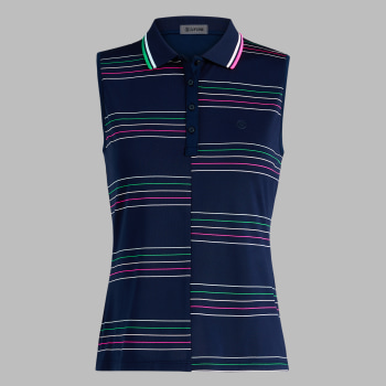 OFFSET STRIPE TECH PIQU&Eacute; SLEEVELESS POLO in TWILIGHT/CLOVER