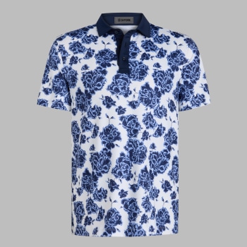 STAMPED FLORAL TECH JERSEY POLO in Willow