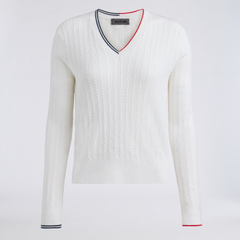 CABLE KNIT COTTON CASHMERE V NECK SWEATER in Snow