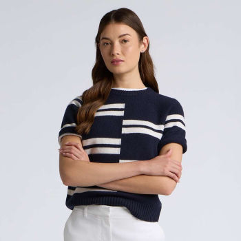 LTD RELEASE OFFSET STRIPE CASHMERE SHORT SLEEVE CREWNECK SWEATER in Twilight
