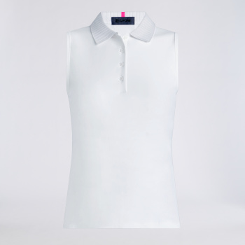 PLEATED COLLAR SILKY TECH NYLON SLEEVELESS POLO in Snow