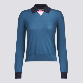 COLOUR BLOCK MERINO WOOL SWEATER POLO in MARINE TEAL