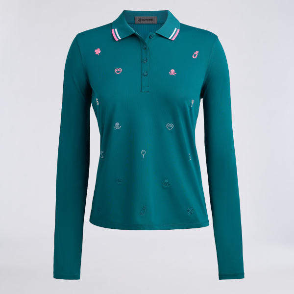 ICON EMBROIDERED TECH PIQU&Eacute; LONG SLEEVE POLO in MARINE TEAL