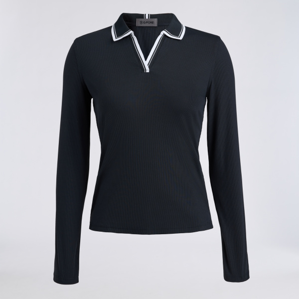 JOHNNY COLLAR NYLON RIB LONG SLEEVE POLO in Onyx
