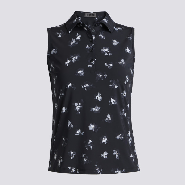 MOODY FLORAL SILKY TECH NYLON SLEEVELESS POLO in Onyx