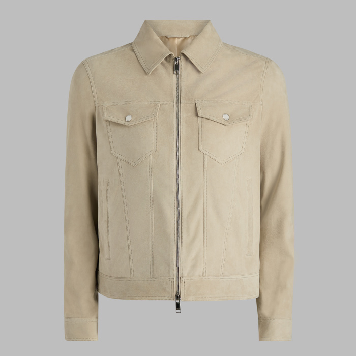 SUEDE TRUCKER JACKET in PUMICE