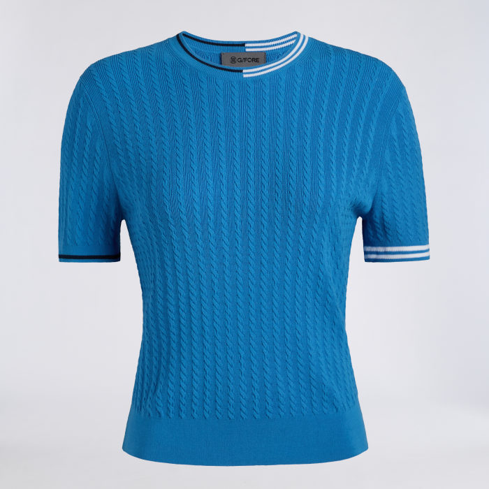 CABLE KNIT SHORT SLEEVE CREWNECK SWEATER in Cerulean