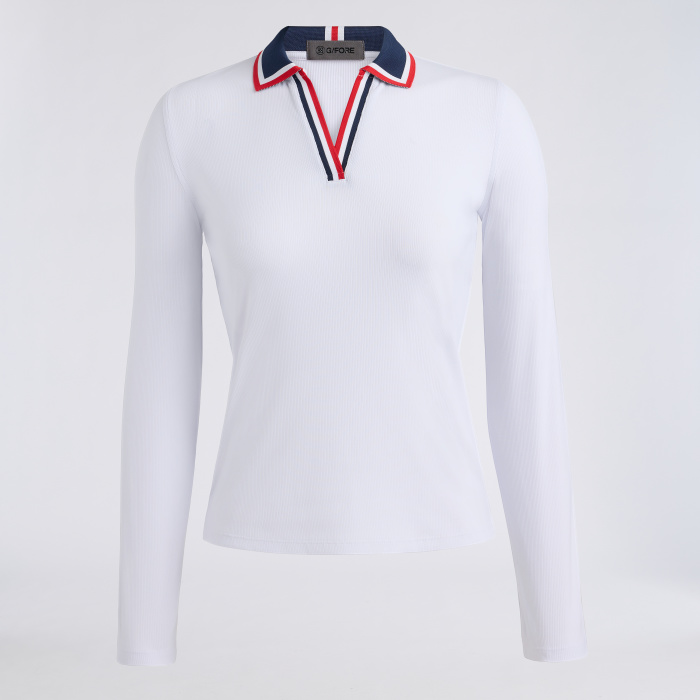 CONTRAST JOHNNY COLLAR TECH NYLON RIB LONG SLEEVE POLO in Lava