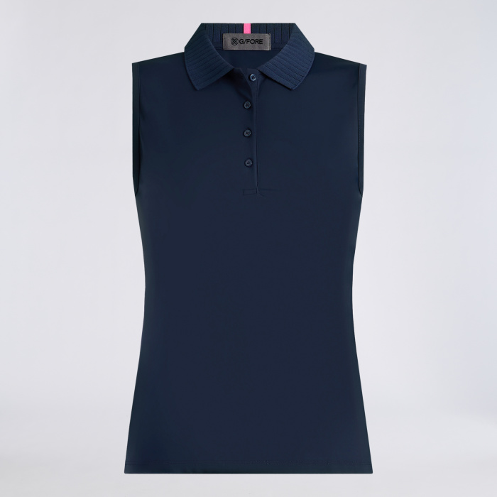 PLEATED COLLAR SILKY TECH NYLON SLEEVELESS POLO in Twilight