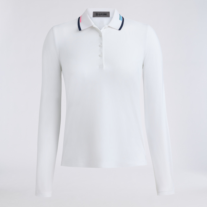SILKY TECH NYLON LONG SLEEVE POLO in Snow / Twilight