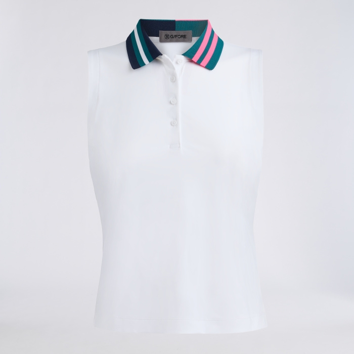 STRETCH NYLON INTERLOCK SLEEVELESS POLO in Snow