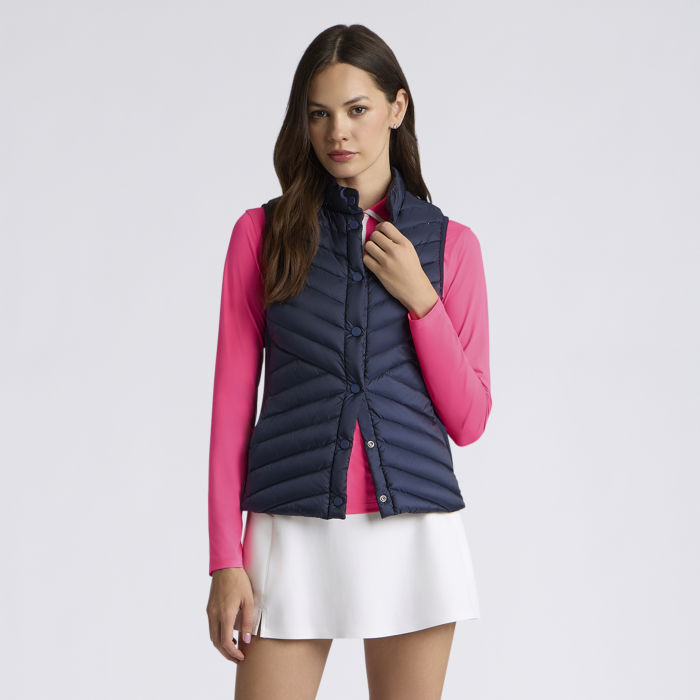 V-DOWN QUILTED STRETCH TECH INTERLOCK VEST in Twilight