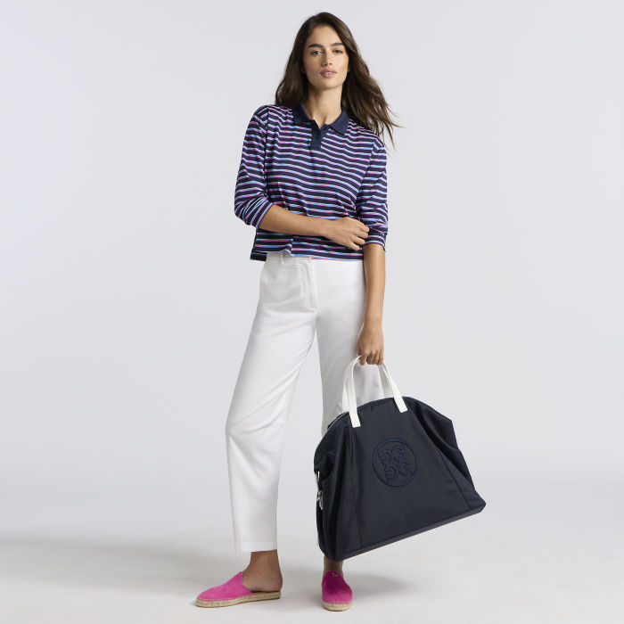 STRIPED IT TECH PIQU&Eacute; RELAXED LONG SLEEVE POLO in Twilight