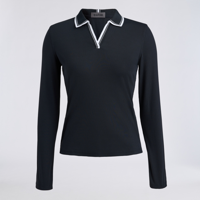 JOHNNY COLLAR NYLON RIB LONG SLEEVE POLO in Onyx