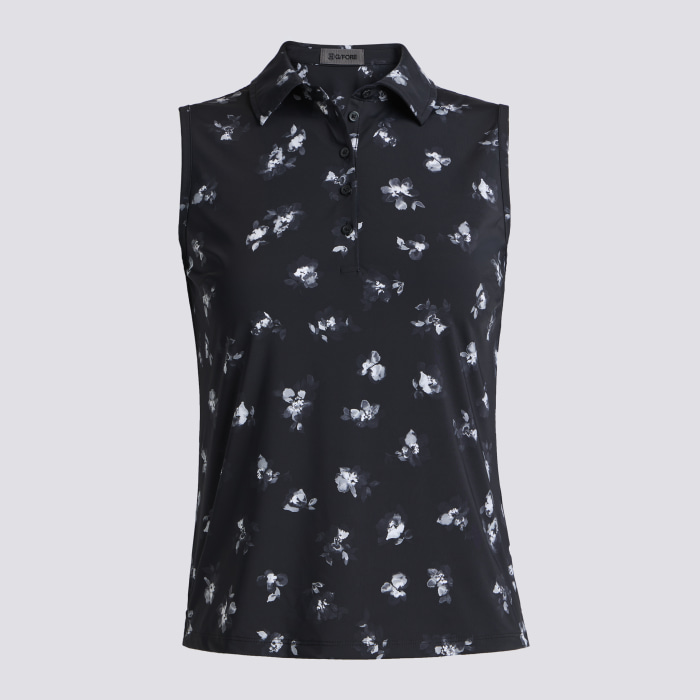 MOODY FLORAL SILKY TECH NYLON SLEEVELESS POLO in Onyx