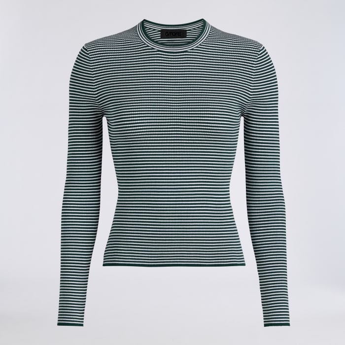 STRIPE RIB FITTED CREWNECK in PINE/SNOW