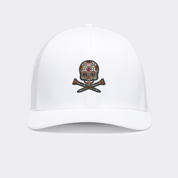 LTD RELEASE SUGAR SKULL AND TEES TRUCKER HAT in Snow