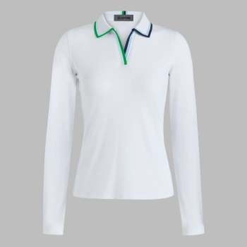 CONTRAST JOHNNY COLLAR TECH NYLON RIB LONG SLEEVE POLO in Snow / Clover
