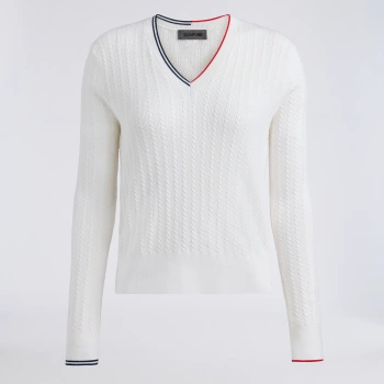 CABLE KNIT COTTON CASHMERE V NECK SWEATER in Snow
