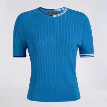 CABLE KNIT SHORT SLEEVE CREWNECK SWEATER in Cerulean